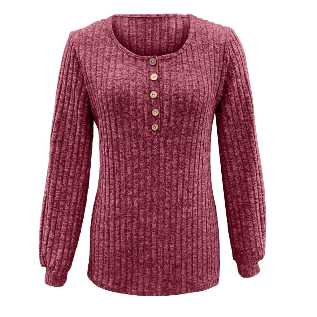 Tops for Womens Casual Winter round Neck Long Sleeve Solid Color Buttoned Knit Tunic Tops Sweater