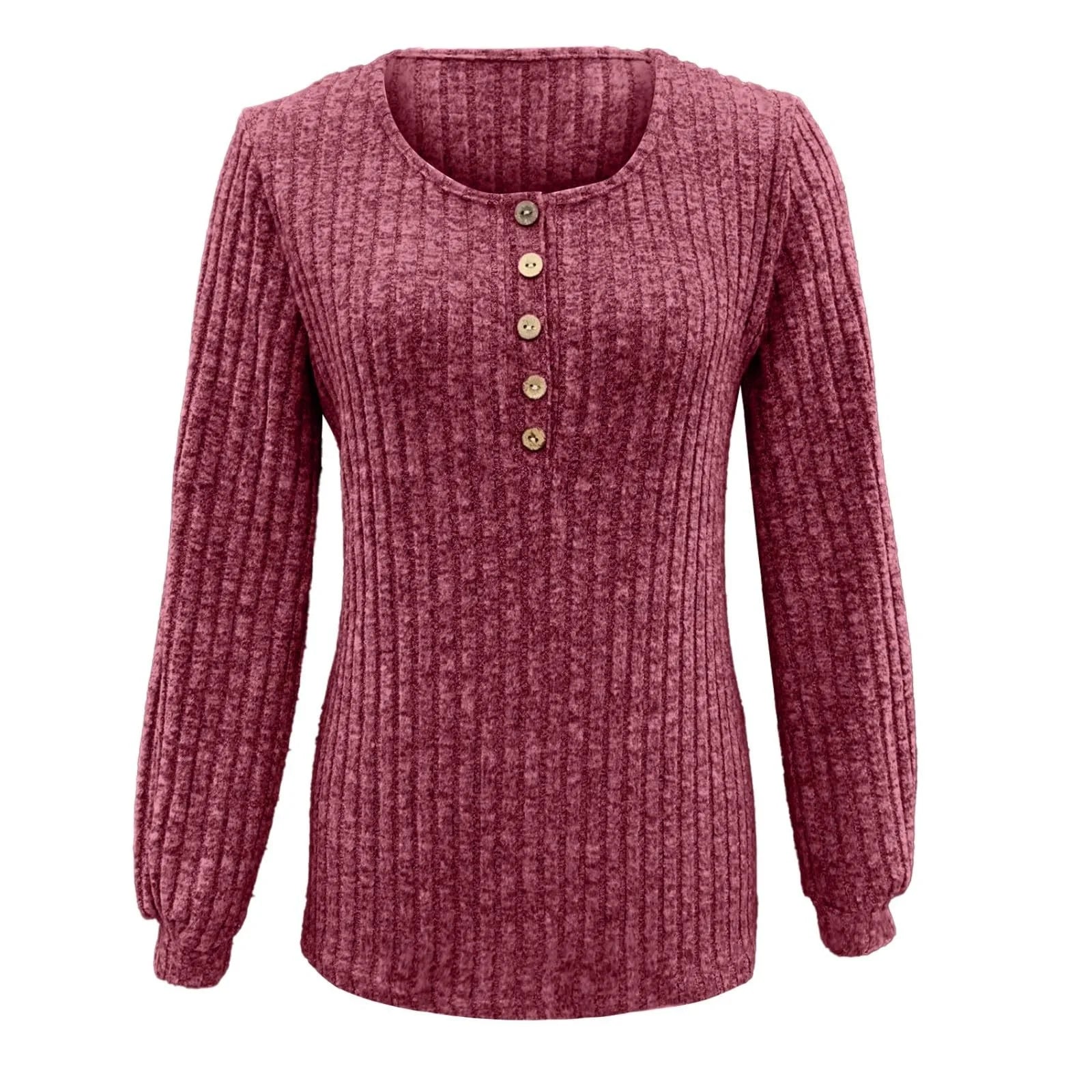 Tops for Womens Casual Winter round Neck Long Sleeve Solid Color Buttoned Knit Tunic Tops Sweater
