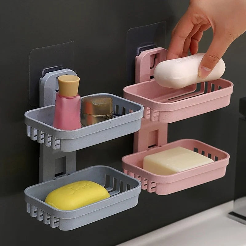 1 Set of Beige+Pink Double-Layer Soap Holder, No Punching, Space Saving Design, Suitable for Bathroom, Kitchen or Laundry Room