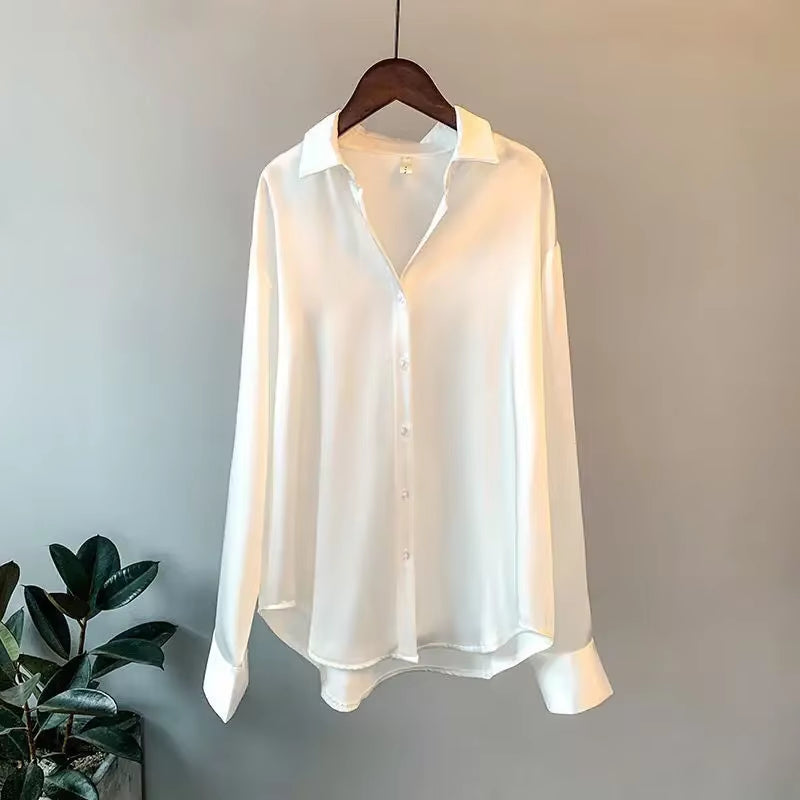 2025 Silk Korean Office Ladies Elegant Shirt Blouse Women Fashion Button up Satin Shirt Vintage White Long Sleeve Shirts Tops