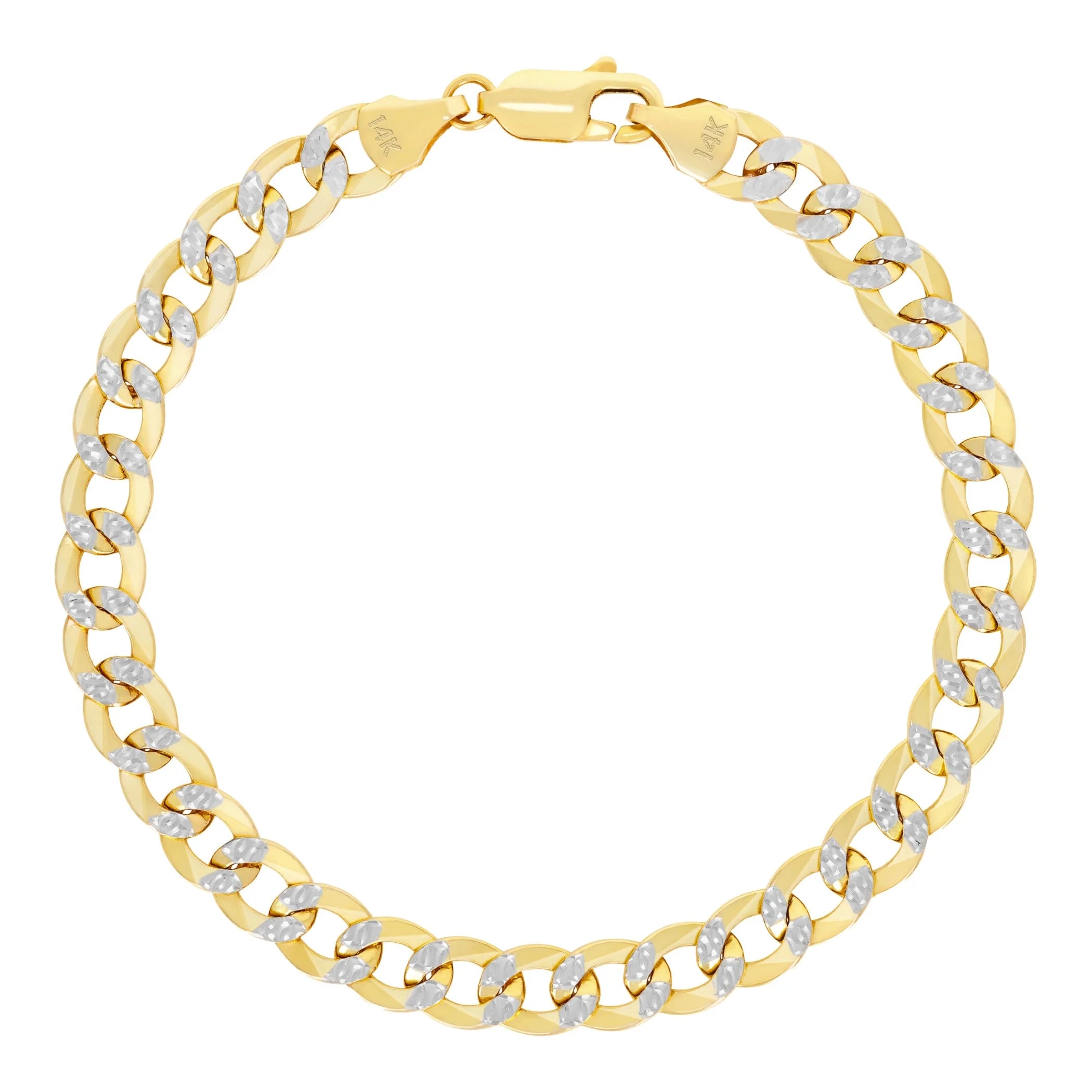 14K Real Yellow Gold Cuban Curb Link 6.5Mm Diamond Cut Pave Chain Bracelet (7"-9") Two Tone Italian Jewelry for Men