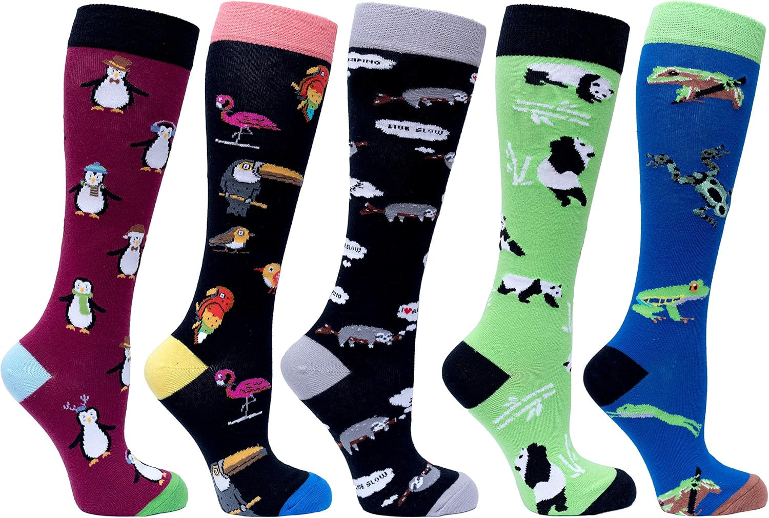 -Women 5-Pairs Luxury Cotton Colorful Cool Fun Knee High Socks