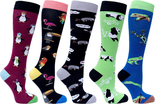 -Women 5-Pairs Luxury Cotton Colorful Cool Fun Knee High Socks