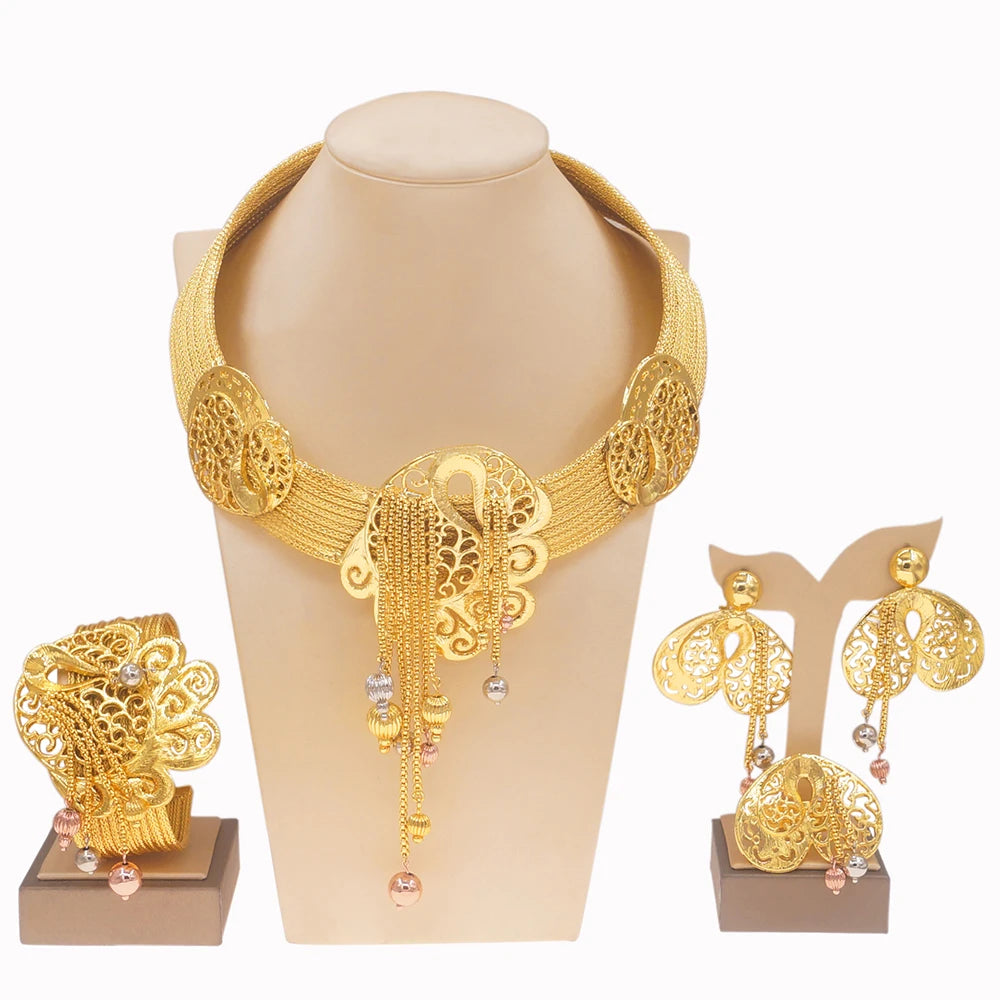 Jewelry for Women Necklace Bracelet Set Brazilian Gold Plated 24K Pure Copper Necklace Luxury Wedding Necklace for Women Gift