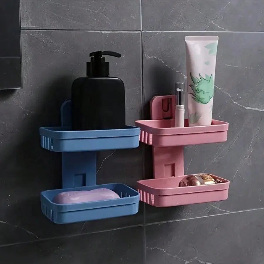 1 Set of Beige+Pink Double-Layer Soap Holder, No Punching, Space Saving Design, Suitable for Bathroom, Kitchen or Laundry Room