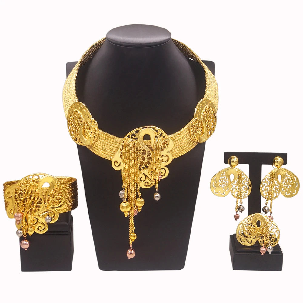 Jewelry for Women Necklace Bracelet Set Brazilian Gold Plated 24K Pure Copper Necklace Luxury Wedding Necklace for Women Gift