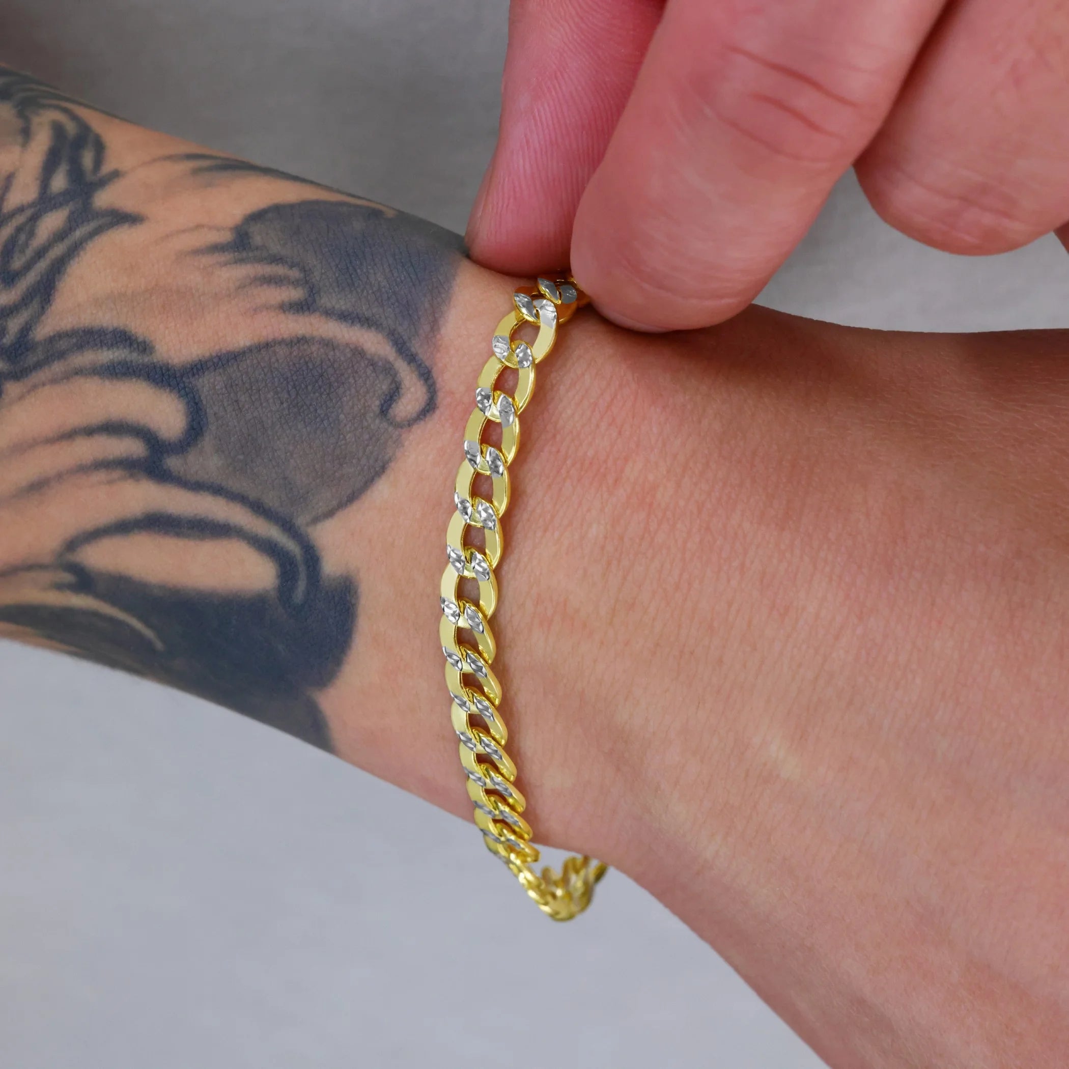 14K Real Yellow Gold Cuban Curb Link 6.5Mm Diamond Cut Pave Chain Bracelet (7"-9") Two Tone Italian Jewelry for Men