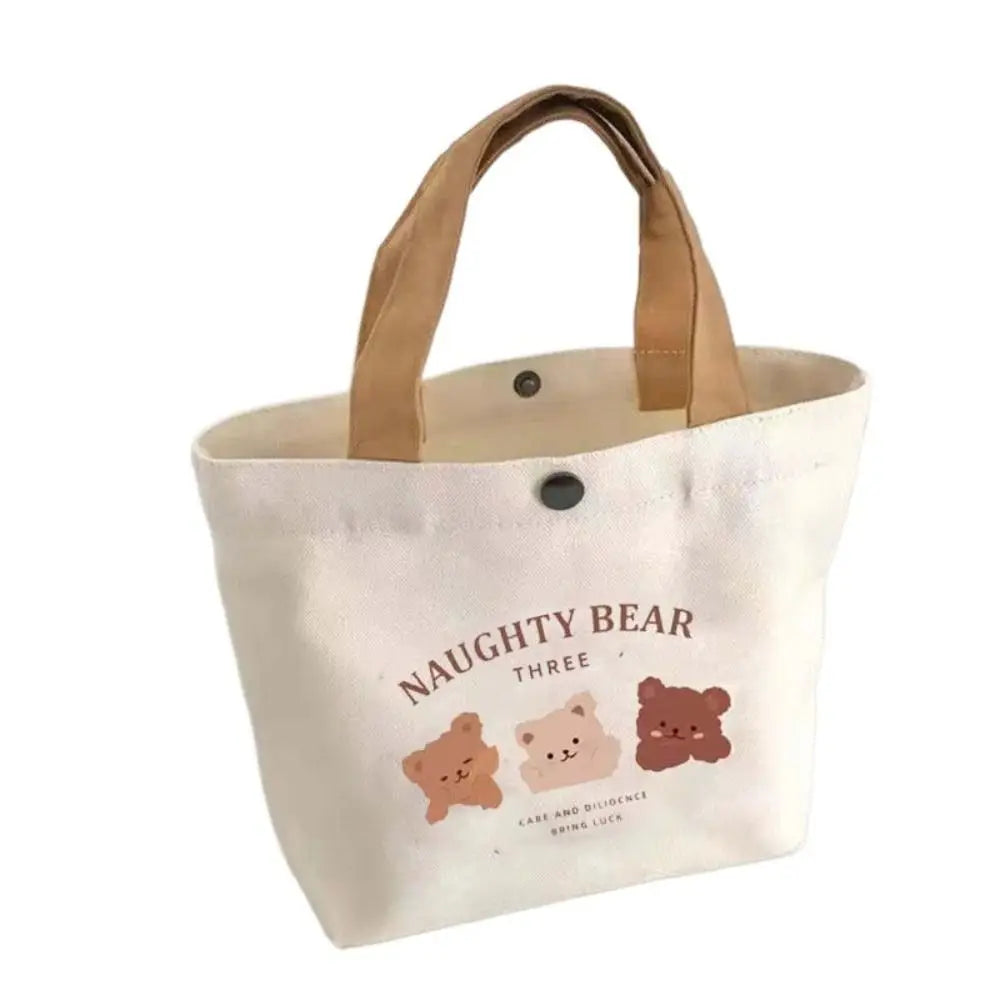 Cute Bear Canvas Tote Food Bag Women Japanese Peach Lunch Bag Korean Mini Handbags Lunch Box Cloth Picnic Travel Storage Bags