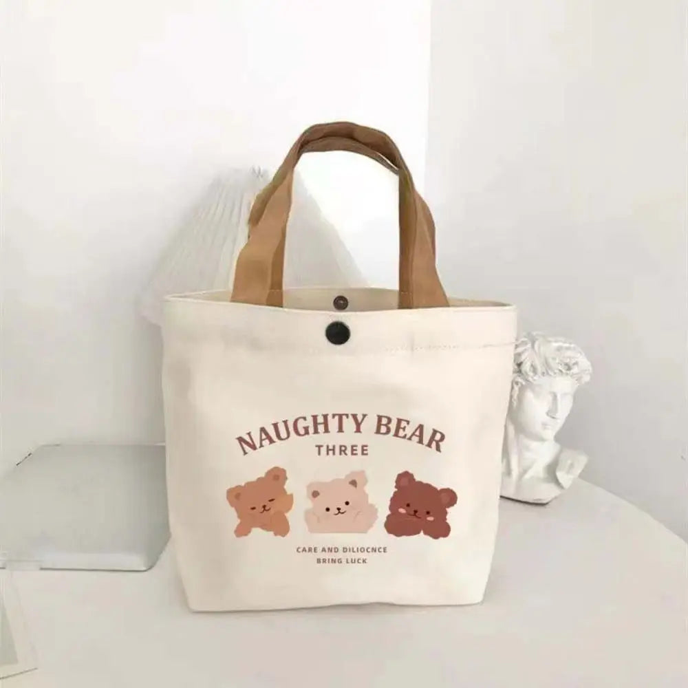 Cute Bear Canvas Tote Food Bag Women Japanese Peach Lunch Bag Korean Mini Handbags Lunch Box Cloth Picnic Travel Storage Bags