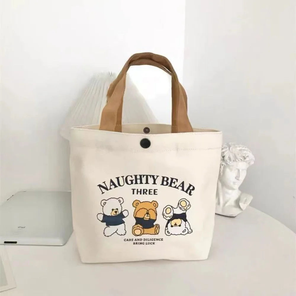 Cute Bear Canvas Tote Food Bag Women Japanese Peach Lunch Bag Korean Mini Handbags Lunch Box Cloth Picnic Travel Storage Bags