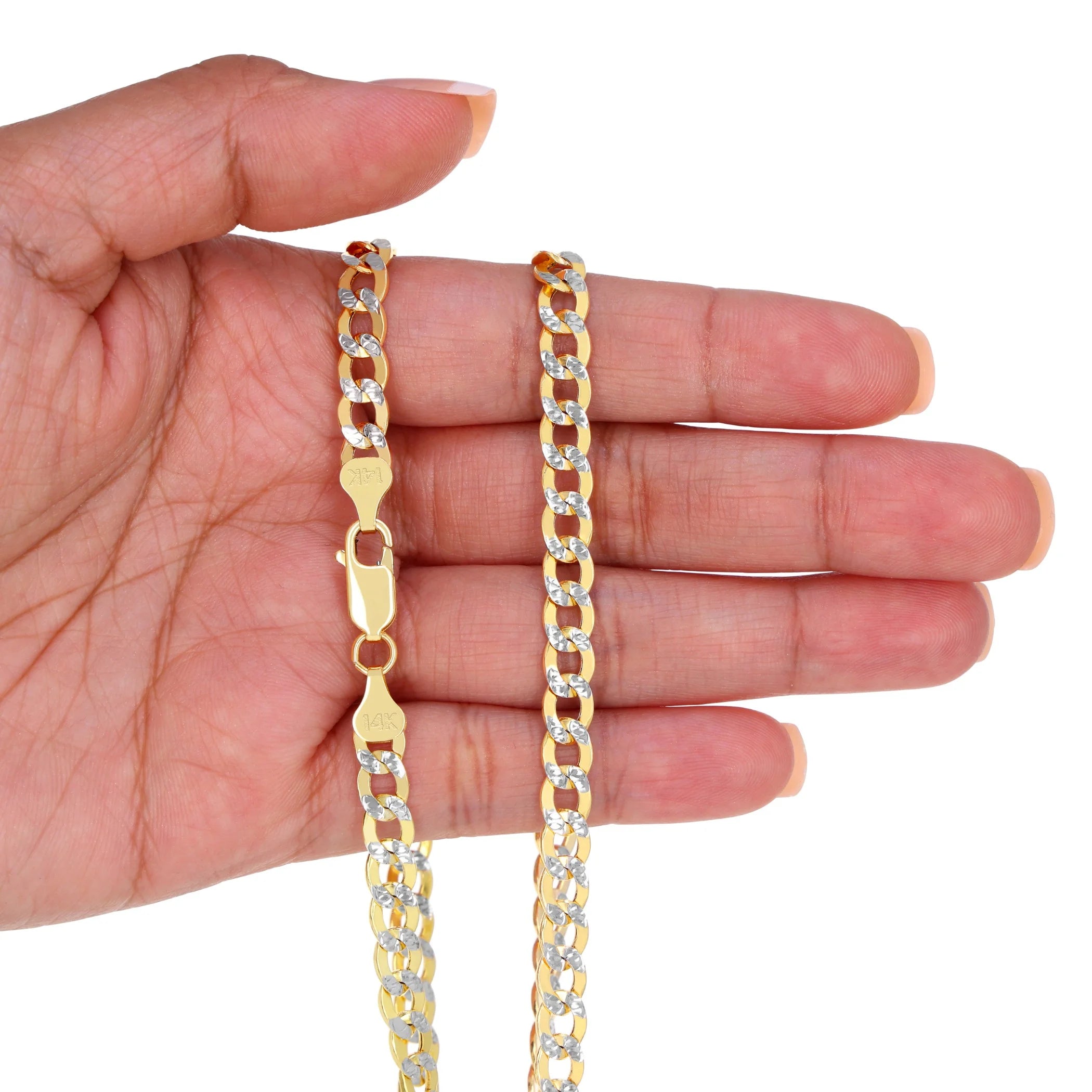 14K Real Yellow Gold Cuban Curb Link 6.5Mm Diamond Cut Pave Chain Bracelet (7"-9") Two Tone Italian Jewelry for Men