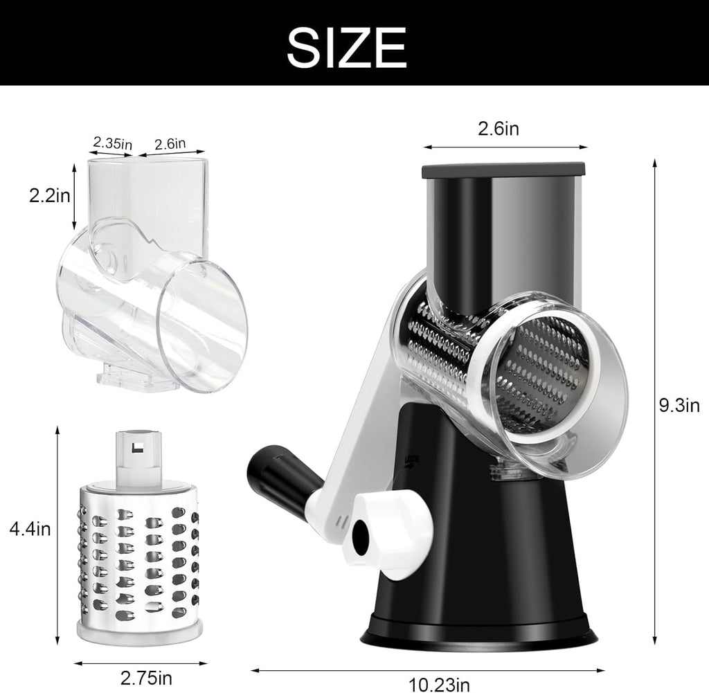 Rotary Cheese Grater Hand Crank Cheese Shredder for Fresh Cheese, Vegetable, Nuts,Non-Slip Suction Base, Three Blades, Black