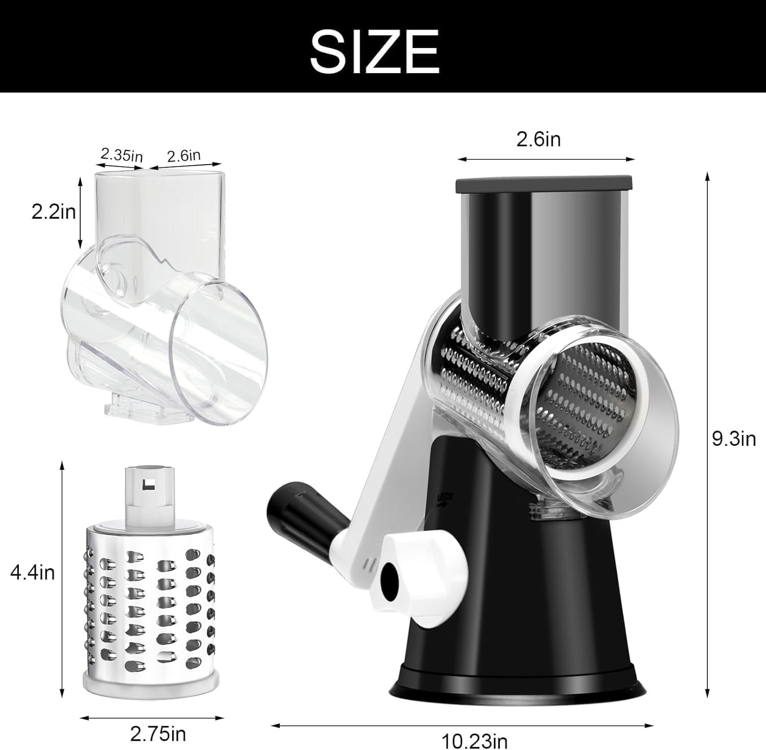 Rotary Cheese Grater Hand Crank Cheese Shredder for Fresh Cheese, Vegetable, Nuts,Non-Slip Suction Base, Three Blades, Black