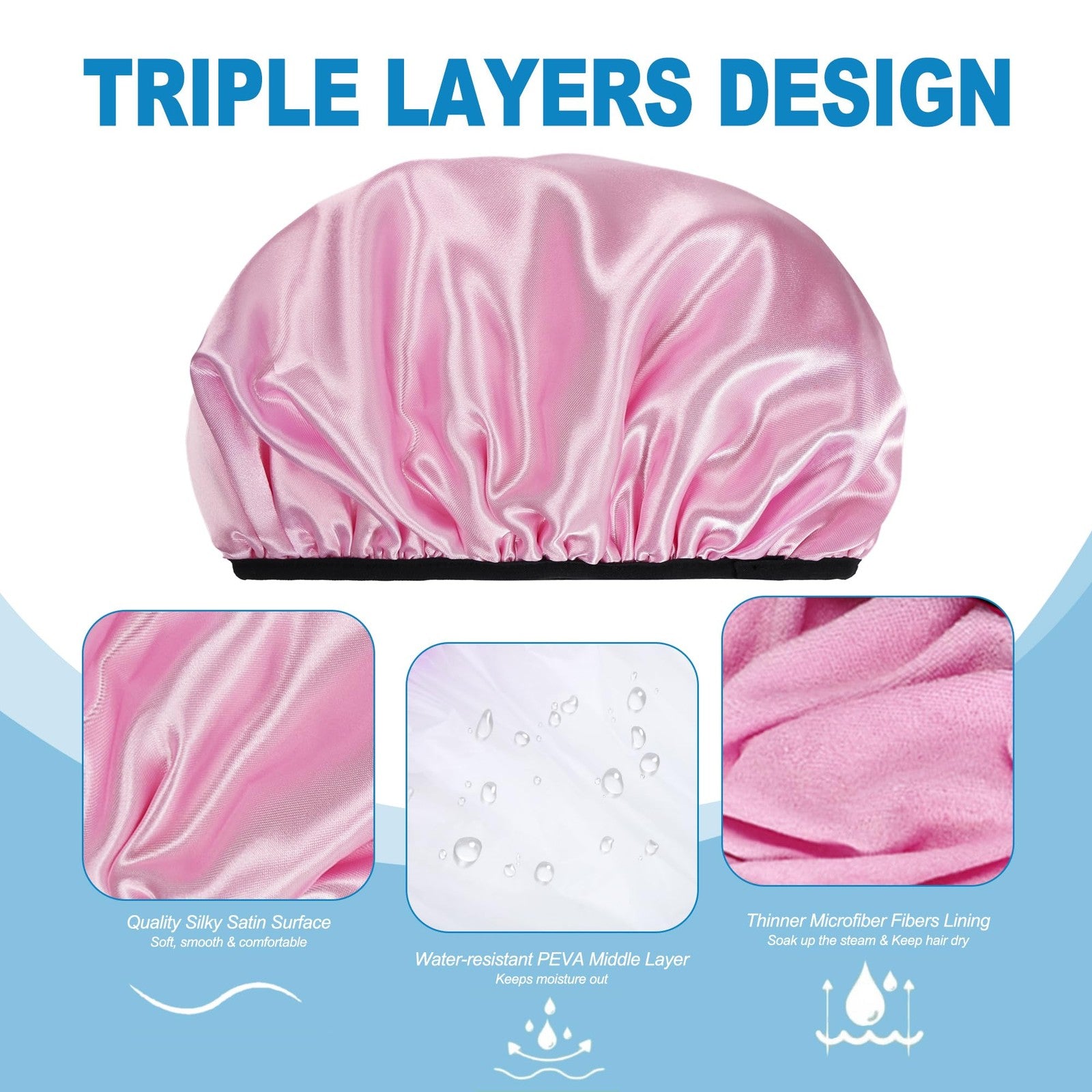 2 Pcs Terry Cloth Lined Shower Cap Large Triple Layer Waterproof Bath Cap