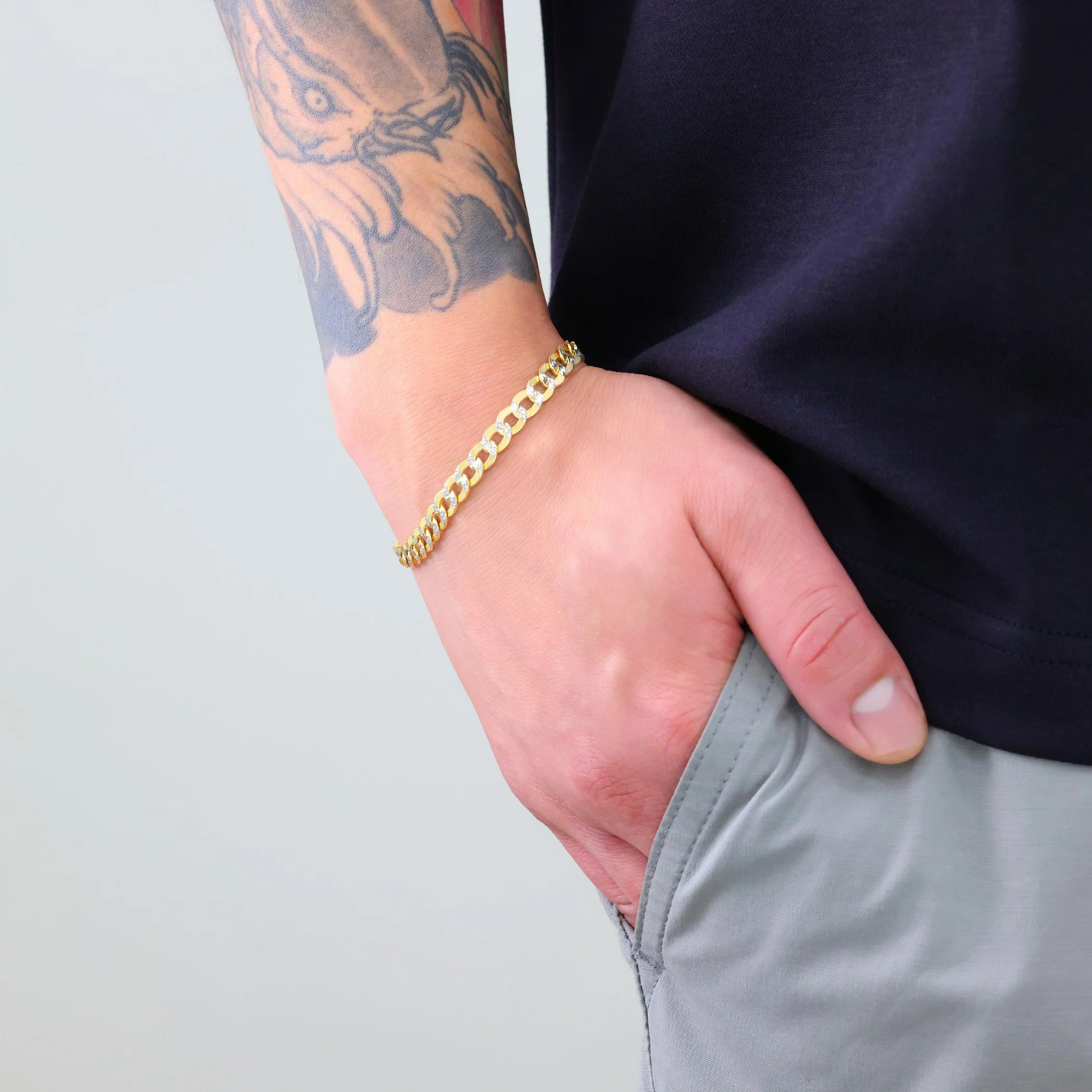 14K Real Yellow Gold Cuban Curb Link 6.5Mm Diamond Cut Pave Chain Bracelet (7"-9") Two Tone Italian Jewelry for Men