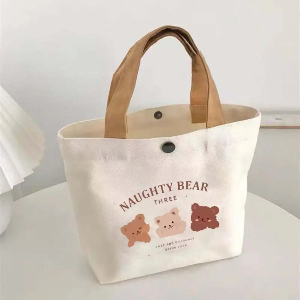 Cute Bear Canvas Tote Food Bag Women Japanese Peach Lunch Bag Korean Mini Handbags Lunch Box Cloth Picnic Travel Storage Bags