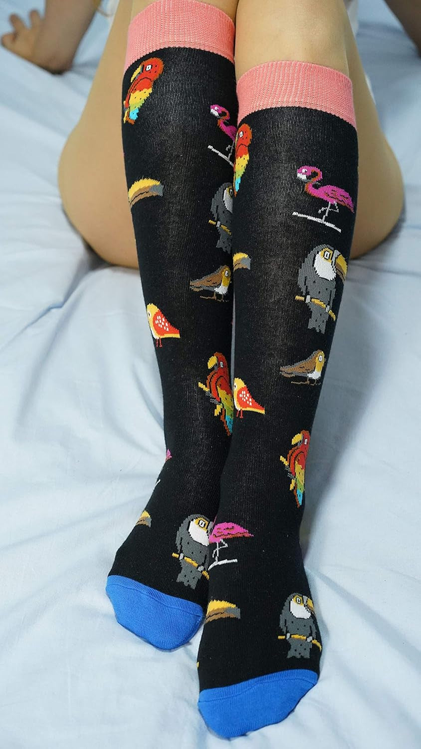 -Women 5-Pairs Luxury Cotton Colorful Cool Fun Knee High Socks