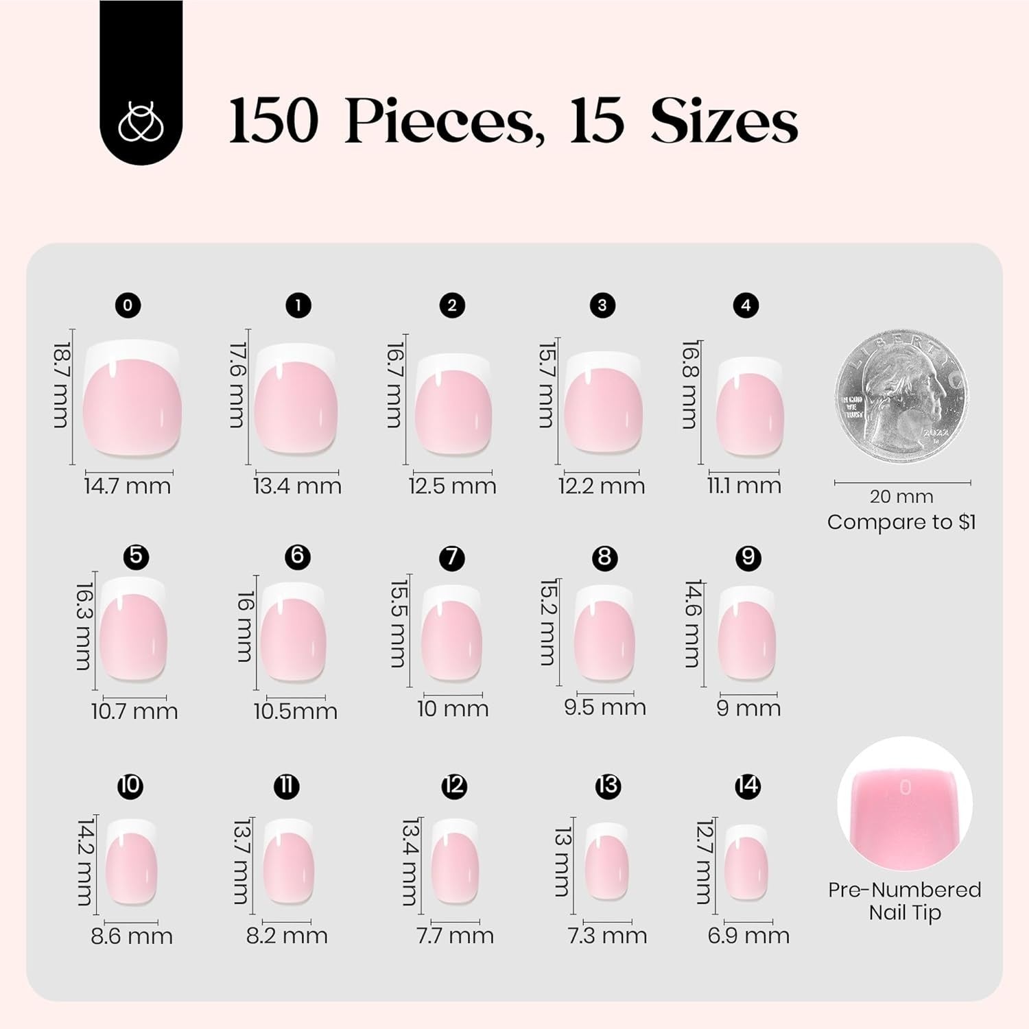 Beetles French Tips Press on Nails: 150 Pcs Pink Short Square Press on Nails Fak