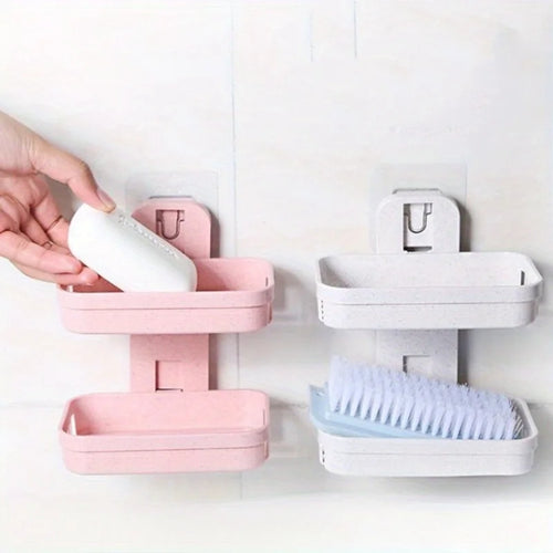1 Set of Beige+Pink Double-Layer Soap Holder, No Punching, Space Saving Design, Suitable for Bathroom, Kitchen or Laundry Room