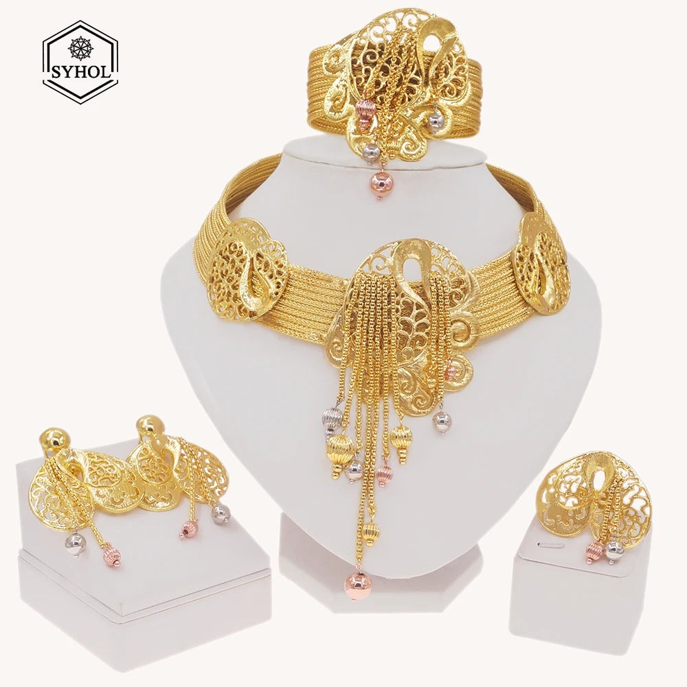 Jewelry for Women Necklace Bracelet Set Brazilian Gold Plated 24K Pure Copper Necklace Luxury Wedding Necklace for Women Gift