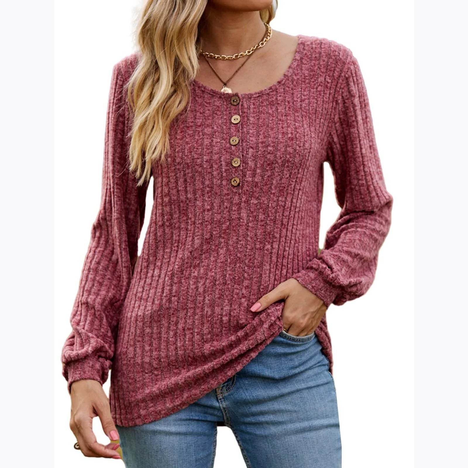 Tops for Womens Casual Winter round Neck Long Sleeve Solid Color Buttoned Knit Tunic Tops Sweater