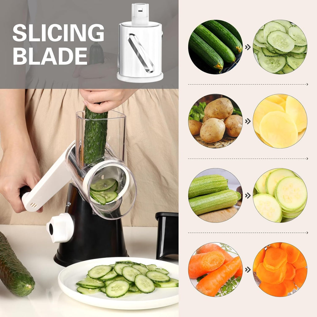 Rotary Cheese Grater Hand Crank Cheese Shredder for Fresh Cheese, Vegetable, Nuts,Non-Slip Suction Base, Three Blades, Black
