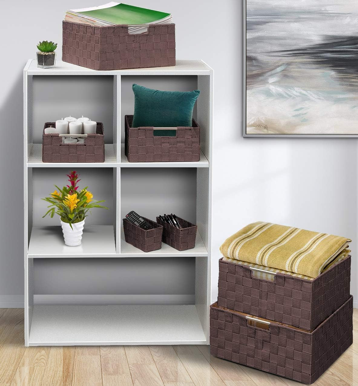 Storage Baskets for Organizing (Set of 7), Mesh Hand-Woven Design, Linen Closet Organizers and Storage, Organizer Storage Baskets for Shelves, Variety Pack Organizers and Storage (Chocolate)