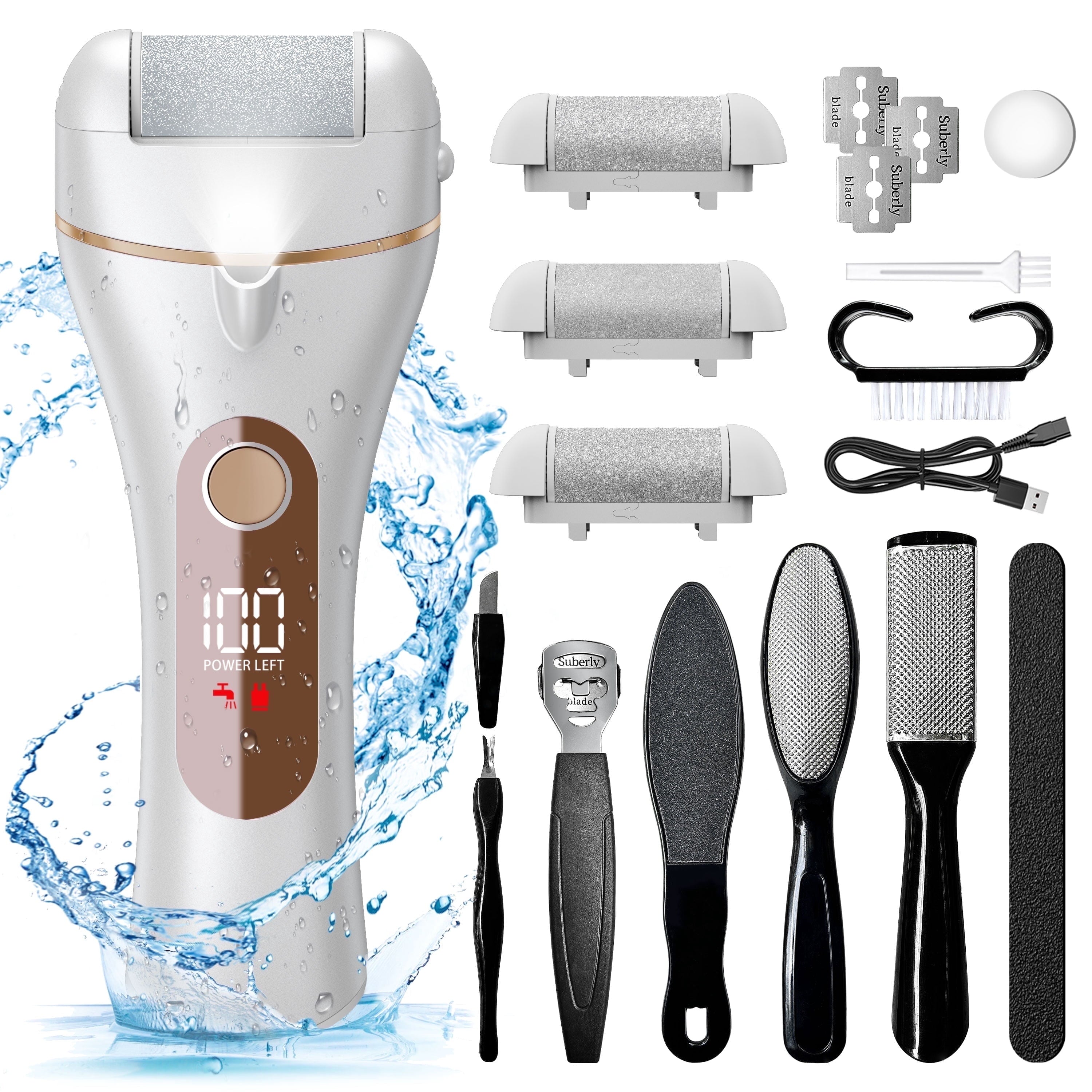 Electric Callus Remover for Feet, Portable Foot File with 18-In-1 Kit, Waterproof, 3 Roller Heads, 2 Speeds