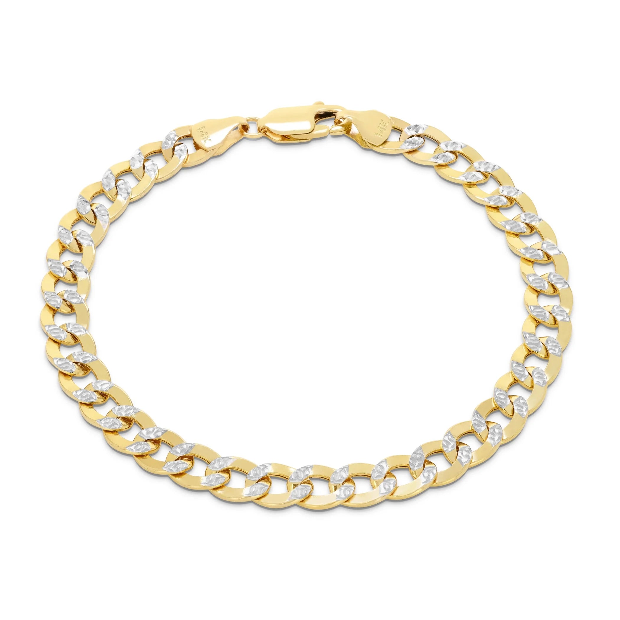 14K Real Yellow Gold Cuban Curb Link 6.5Mm Diamond Cut Pave Chain Bracelet (7"-9") Two Tone Italian Jewelry for Men