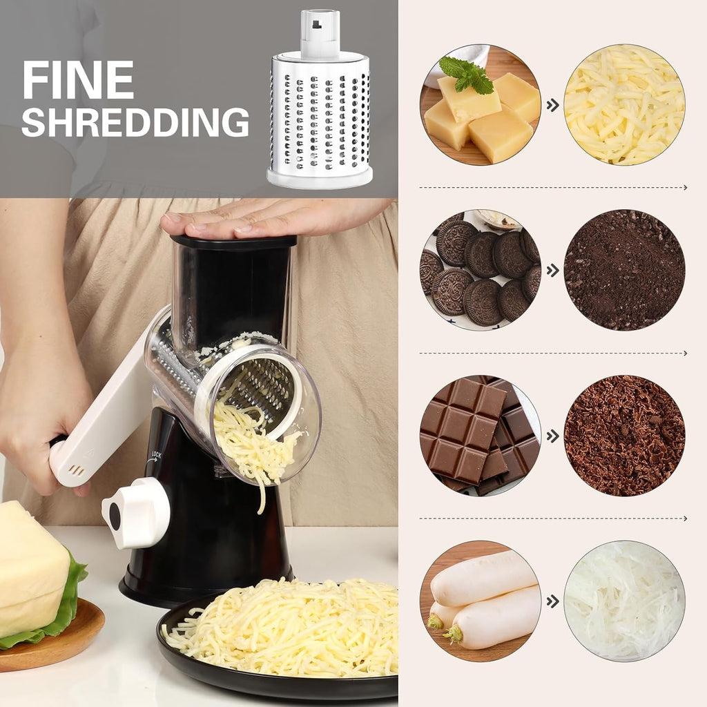 Rotary Cheese Grater Hand Crank Cheese Shredder for Fresh Cheese, Vegetable, Nuts,Non-Slip Suction Base, Three Blades, Black