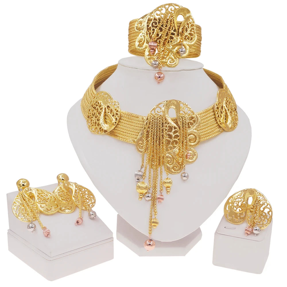 Jewelry for Women Necklace Bracelet Set Brazilian Gold Plated 24K Pure Copper Necklace Luxury Wedding Necklace for Women Gift