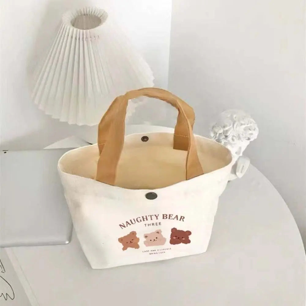 Cute Bear Canvas Tote Food Bag Women Japanese Peach Lunch Bag Korean Mini Handbags Lunch Box Cloth Picnic Travel Storage Bags
