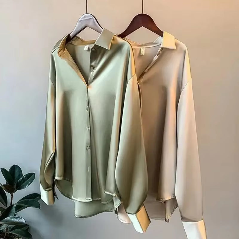 2025 Silk Korean Office Ladies Elegant Shirt Blouse Women Fashion Button up Satin Shirt Vintage White Long Sleeve Shirts Tops