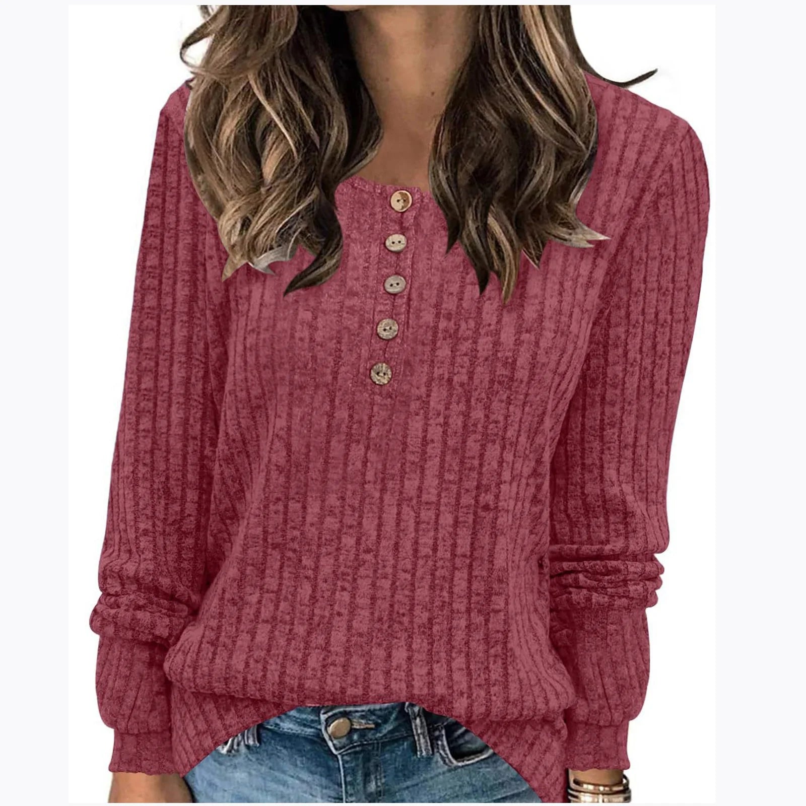 Tops for Womens Casual Winter round Neck Long Sleeve Solid Color Buttoned Knit Tunic Tops Sweater
