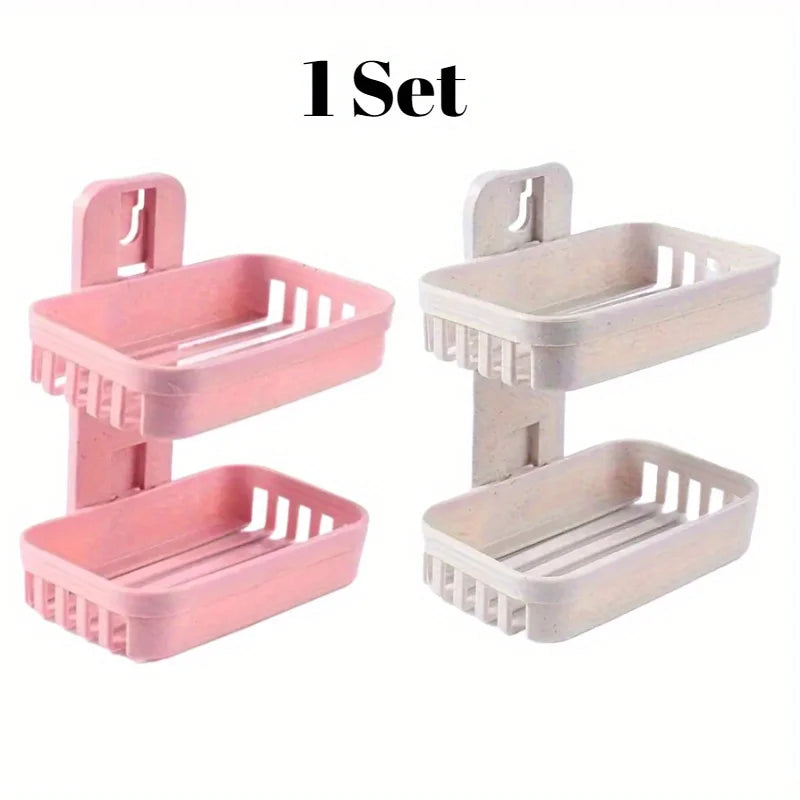 1 Set of Beige+Pink Double-Layer Soap Holder, No Punching, Space Saving Design, Suitable for Bathroom, Kitchen or Laundry Room