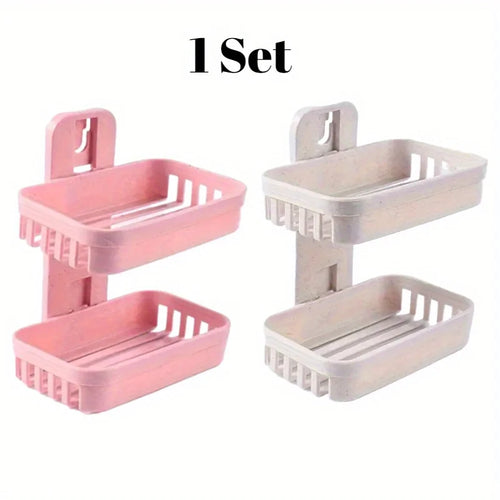 1 Set of Beige+Pink Double-Layer Soap Holder, No Punching, Space Saving Design, Suitable for Bathroom, Kitchen or Laundry Room