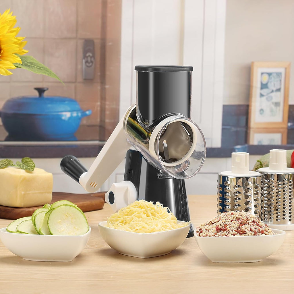 Rotary Cheese Grater Hand Crank Cheese Shredder for Fresh Cheese, Vegetable, Nuts,Non-Slip Suction Base, Three Blades, Black