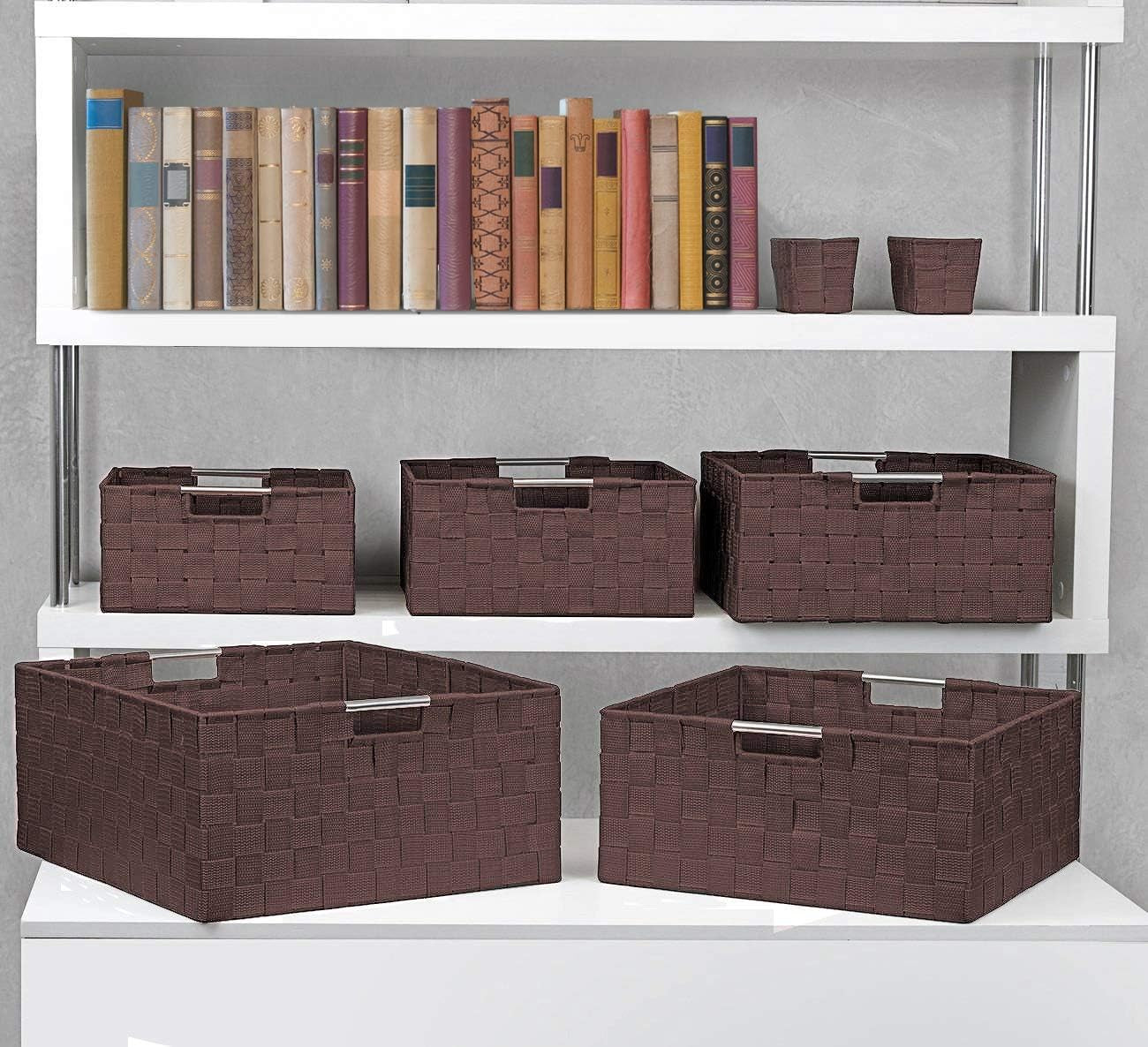Storage Baskets for Organizing (Set of 7), Mesh Hand-Woven Design, Linen Closet Organizers and Storage, Organizer Storage Baskets for Shelves, Variety Pack Organizers and Storage (Chocolate)