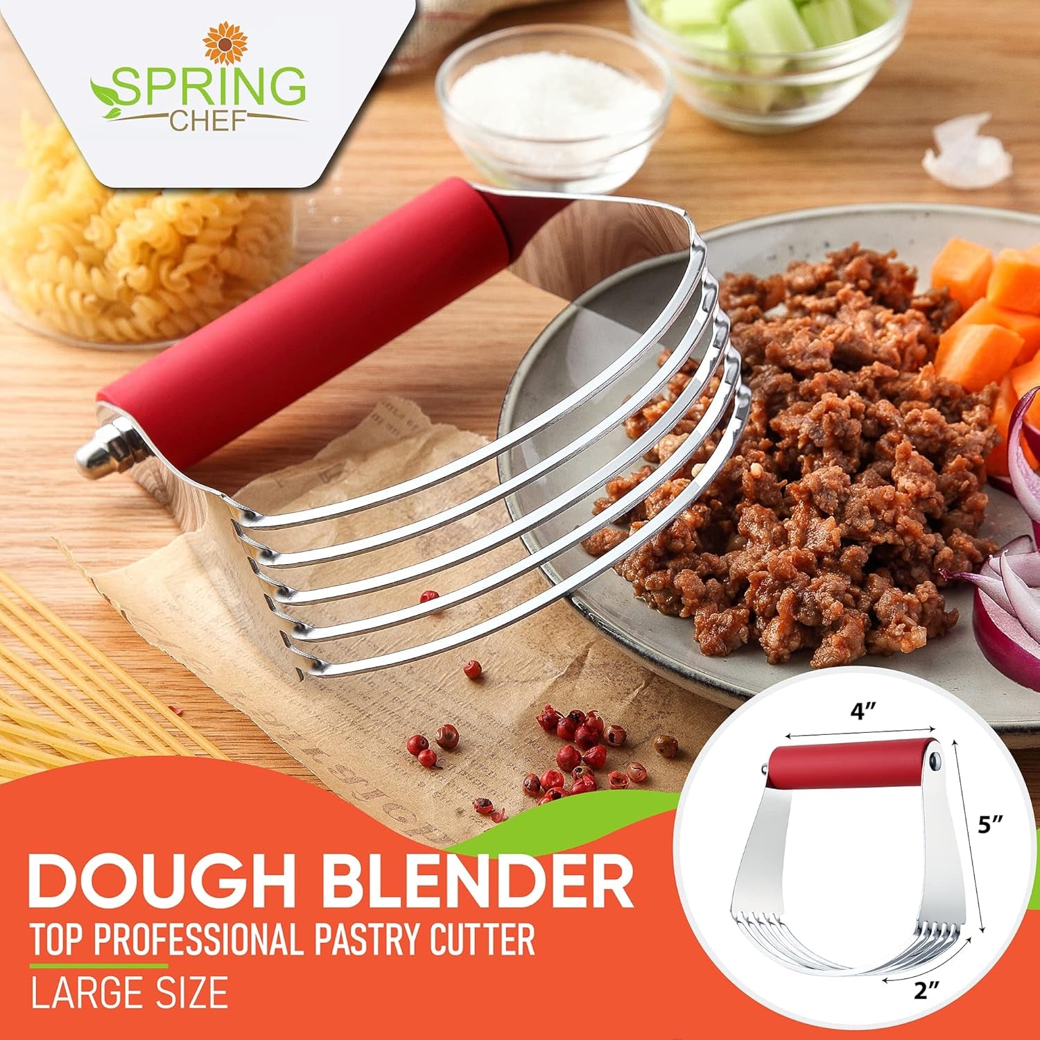 Large Red Dough Blender for Baking, Professional Heavy Duty Dough Cutter Tool with Thick Blades, Stainless Steel Puff Pastry Cutter Tool, Dishwasher Safe Pastry Blender for Easy Mixing