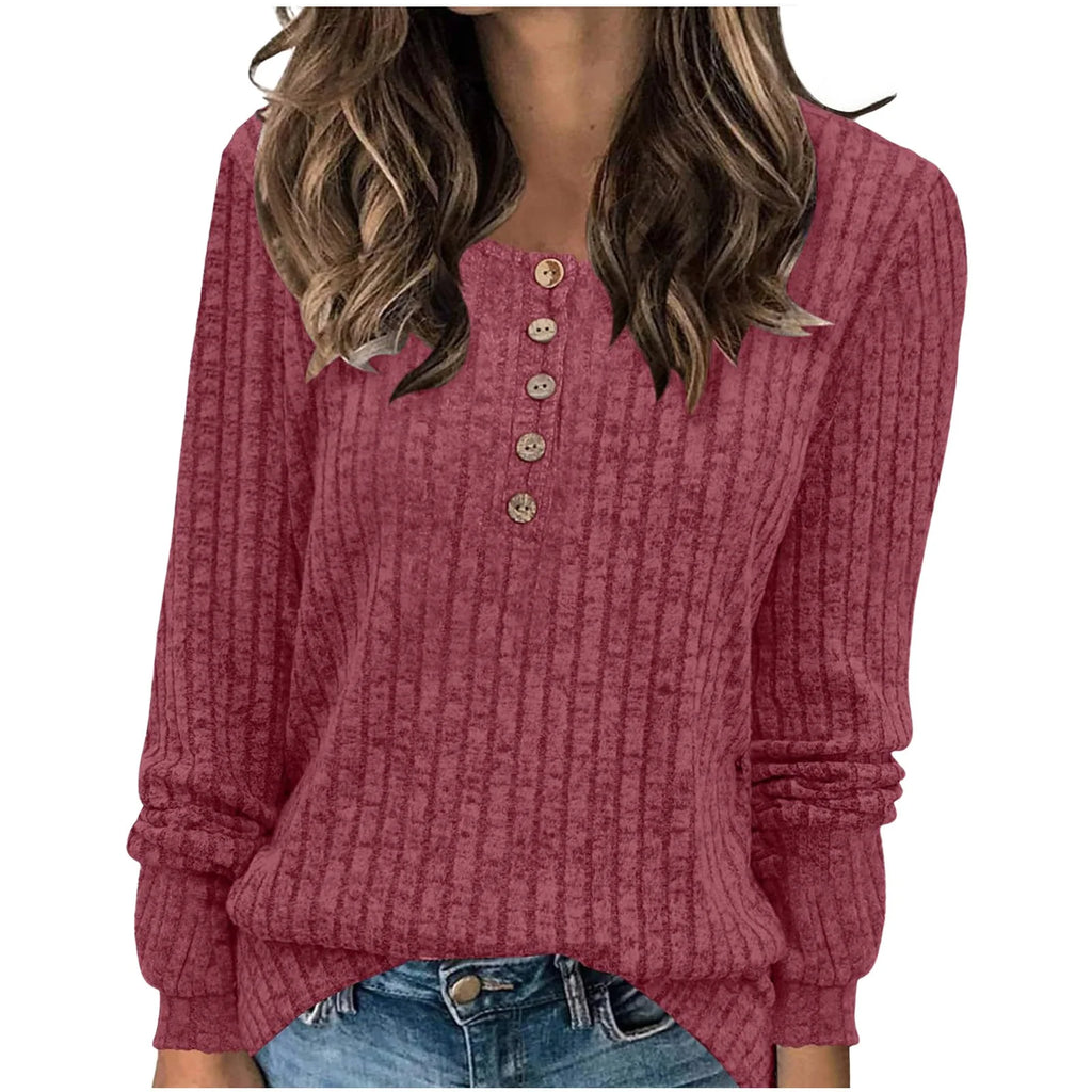 Tops for Womens Casual Winter round Neck Long Sleeve Solid Color Buttoned Knit Tunic Tops Sweater