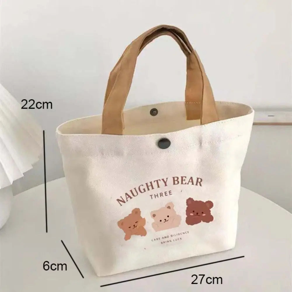 Cute Bear Canvas Tote Food Bag Women Japanese Peach Lunch Bag Korean Mini Handbags Lunch Box Cloth Picnic Travel Storage Bags